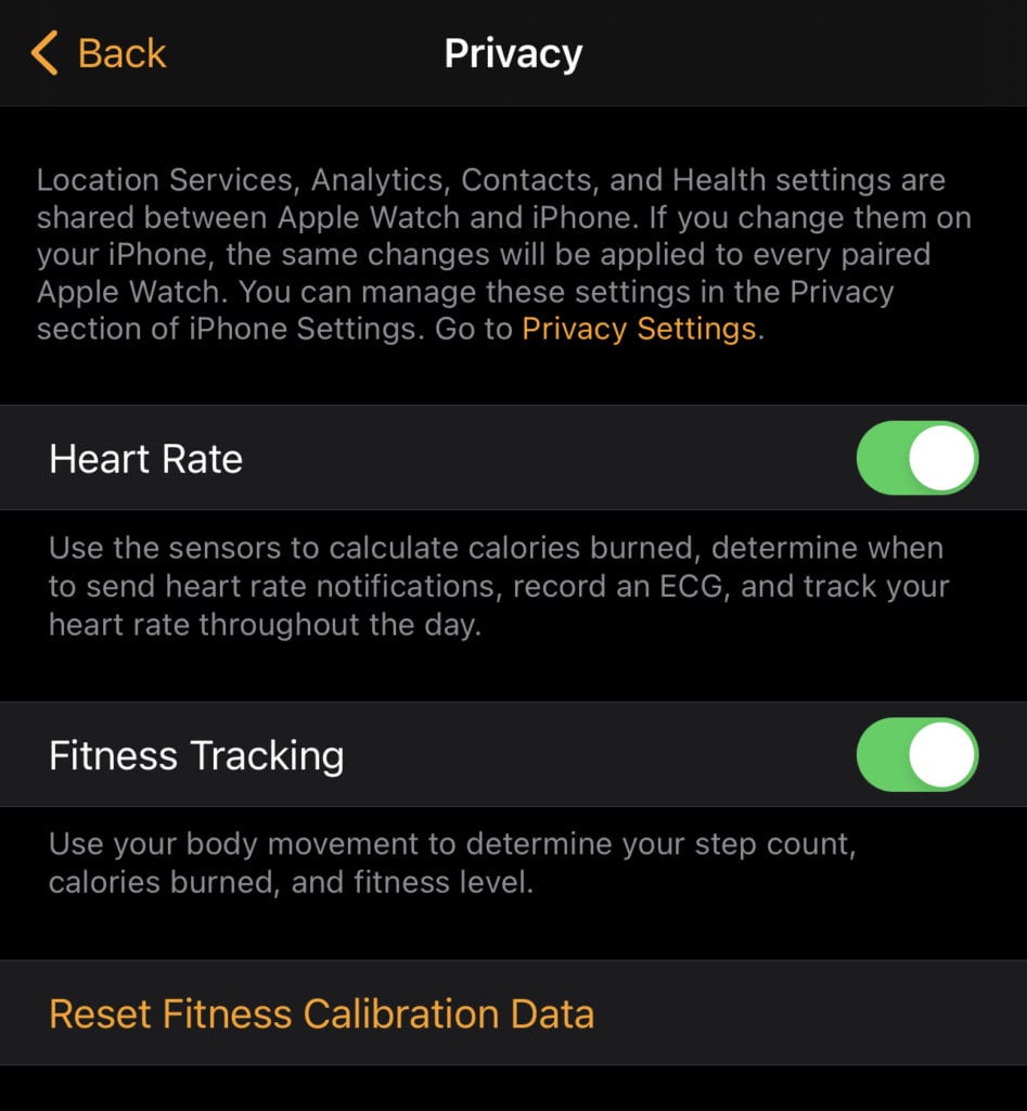 Tap Reset Fitness Calibration Data to delete calibration data and history
