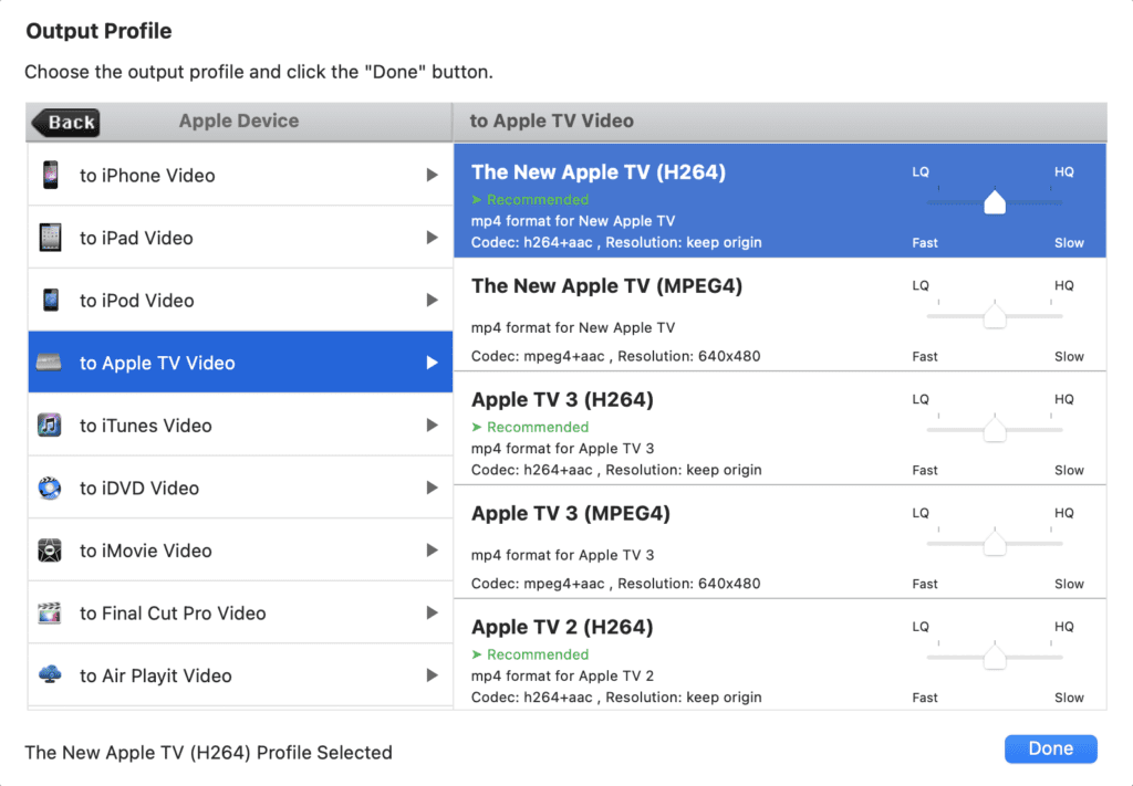 Choosing an Apple TV 4K profile in MacX DVD Ripper Pro