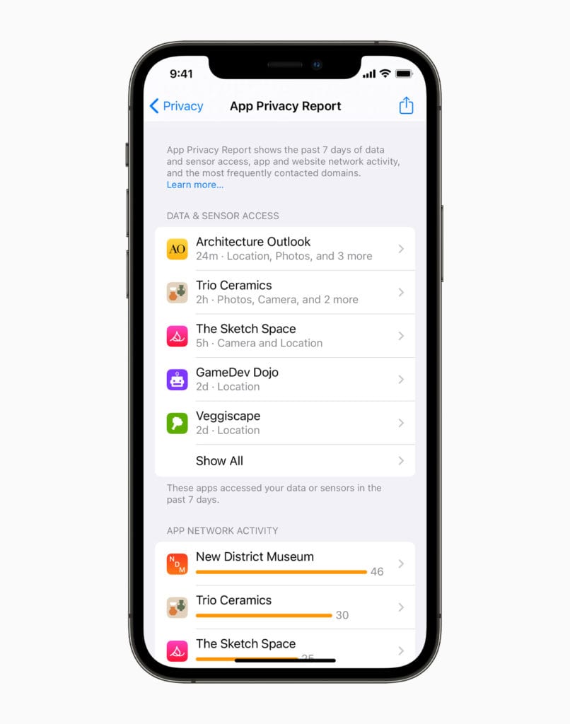 The new App Privacy Report shows how apps access your data or sensors. Image via Apple