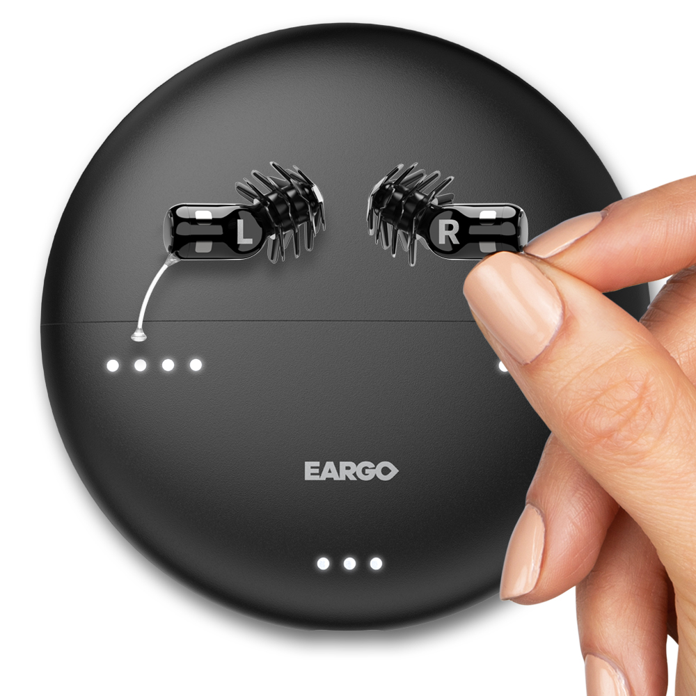 Eargo Neo HiFi Hearing Aids and the portable charging case